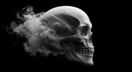 Hyper-realistic skull, wisps of smoke, ethereal vapor, black background, high contrast, dramatic lighting, side profile, monochromatic, eerie atmosphere, detailed bone structure, dark gothic aesthetic