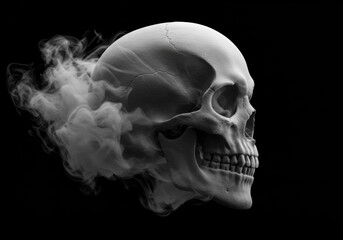 Hyper-realistic skull, wisps of smoke, ethereal vapor, black background, high contrast, dramatic lighting, side profile, monochromatic, eerie atmosphere, detailed bone structure, dark gothic aesthetic