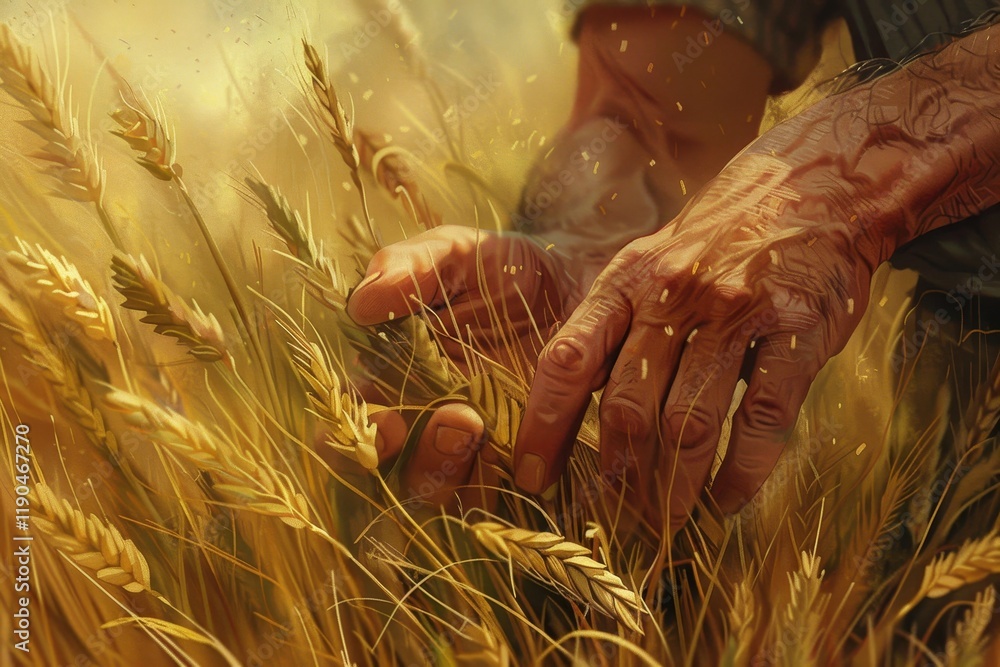 Poster a close-up image of a farmers hand gently running through a field of ripe wheat, creating a sense of