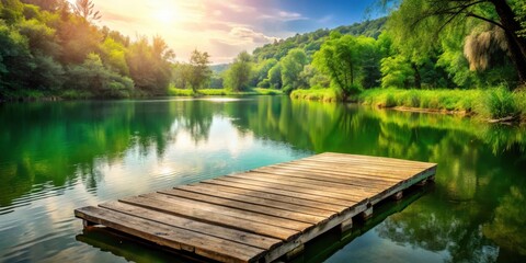Obraz premium Serene Lakeside Wooden Dock at Sunset with Lush Green Foliage