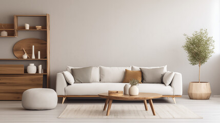 Minimalist living room featuring white walls, a cozy sofa, wooden coffee table, and plants, illuminated by natural light, creating a warm and inviting atmosphere.