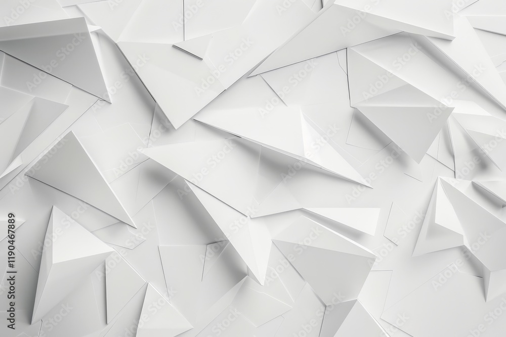 Poster a close-up image showcasing sharp, angular geometric shapes in white, arranged in a pattern against 