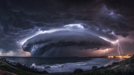 Dramatic coastal supercell thunderstorm with lightning strikes over ocean.