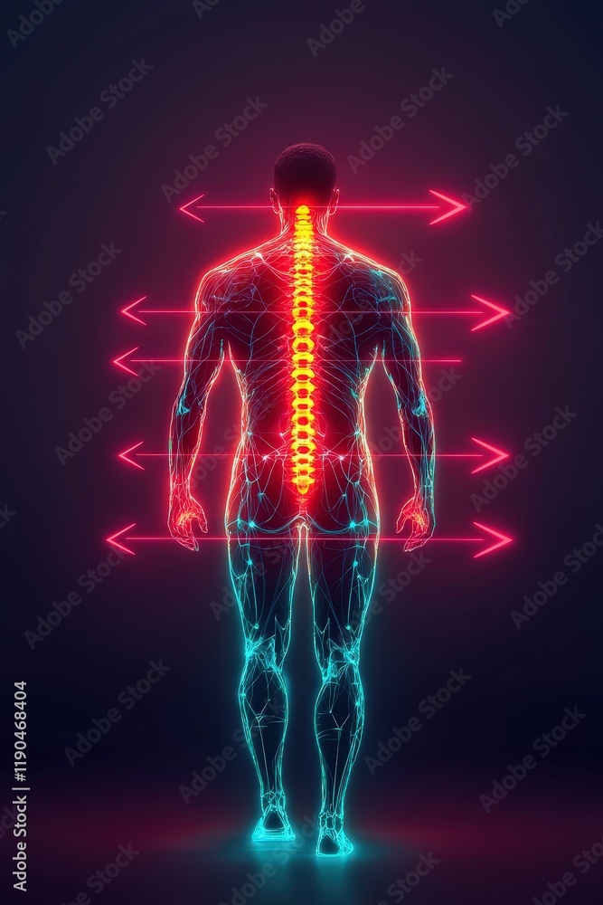 Poster a symbolic figure with glowing arrows representing improved posture alignment.