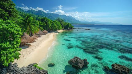 Obraz premium An exotic island paradise beckons with white sandy beaches, clear blue waters, and swaying palm trees