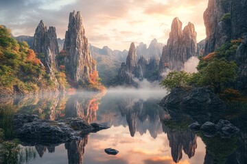 Stunning panoramic fantasy landscape with majestic cliffs, serene lake, and ethereal atmosphere