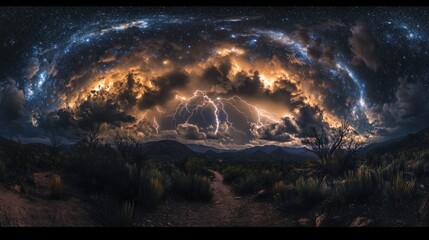 Dramatic lightning storm over desert landscape at night, stars visible.