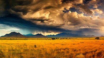 Obraz premium Dramatic cloud formation over golden landscape with distant mountains at sunset