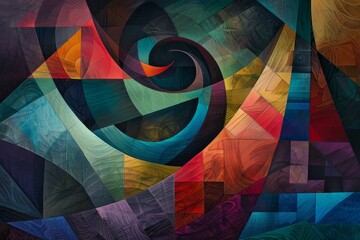 Fototapeta premium A vibrant abstract painting featuring geometric shapes and a swirling vortex in various shades of blue, green, and red, Layers of geometric forms blending together in a symphony of color