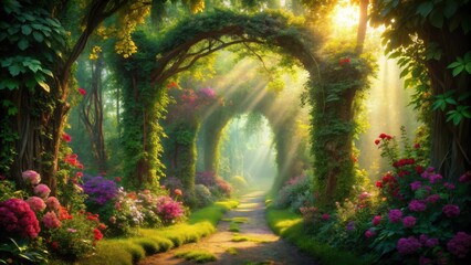 Sunlit Path Through a Lush, Enchanting Garden with Floral Arches