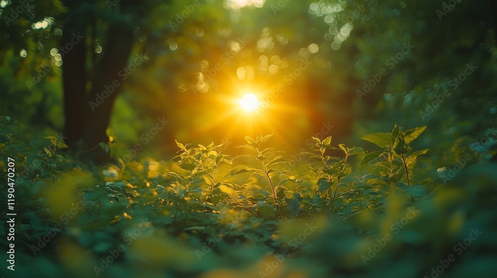 Poster golden sunlight filtering through forest canopy illuminating lush green foliage and creating a dream