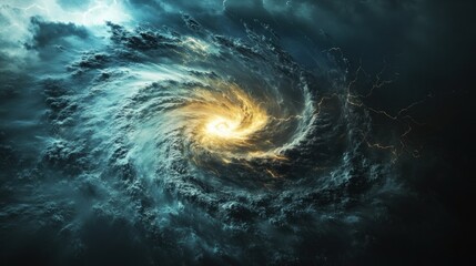 Dramatic swirling storm clouds with lightning.