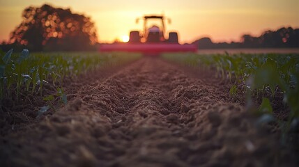 Fototapeta premium Tractor cultivating field at sunset. (1)
