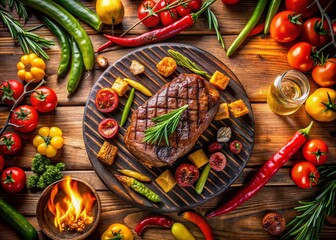 Aerial View of Grilled Steak and Vegetables on BBQ Grill - Summer Food Photography