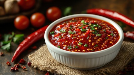 Spicy chili tomato sauce in bowl with herbs.