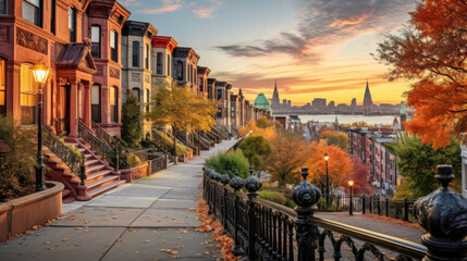 Fototapeta premium Beautiful autumn sunset over historic brownstone houses in a charming neighborhood by the river