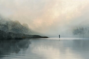 A lone figure casts a line on a still, misty lake in the early morning hours, A misty morning on a quiet lake, with a solitary figure casting their line into the water
