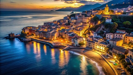 Fototapeta premium Aerial Night View of Italian Coastal City, Drone Photography, Illuminated Beach, Mediterranean Sea, Romantic Seaside Town