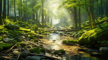 Lush green forest with a sparkling stream and sun rays filtering through the trees in a serene natural setting during early morning hours
