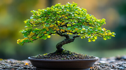 A bonsai tree in a shallow pot fills the frame