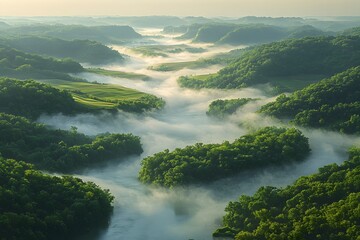 Fototapeta premium Serene Morning Mist Over Lush River Valley Landscape - Perfect for Nature Posters and Prints