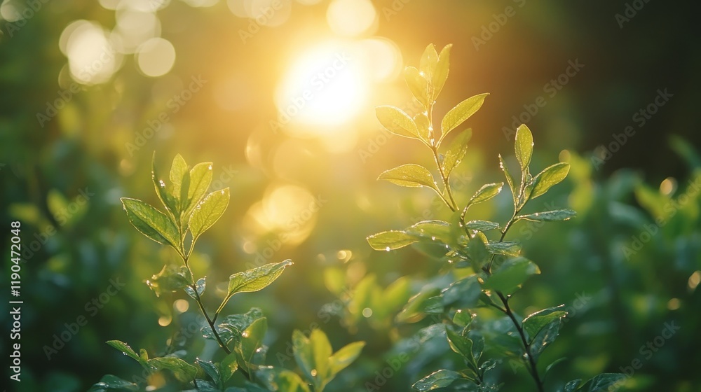Aufkleber sunlight filtering through lush green leaves creating a bokeh effect in the background