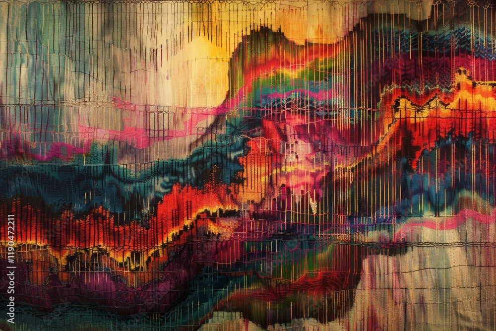Poster a detailed image of a colorful, beaded fabric with intricate patterns, textures and patterns weaving