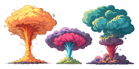 set of colorful smoke explosions and blasts isolated on white background PNG.AI GENERATED