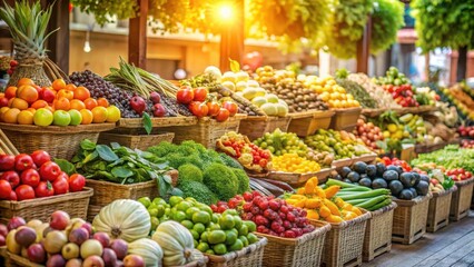 Fresh produce display at a market stall, natural light, fruits,  natural light