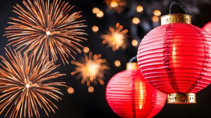 Obraz premium Festive Red Lanterns with Fireworks Display