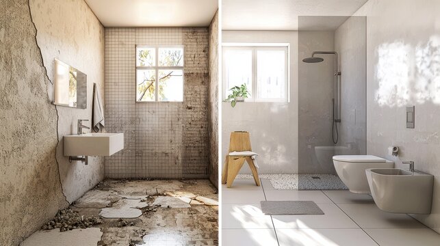 Before-and-after bathroom renovation showing outdated vs. modern bathroom design with sleek decor..