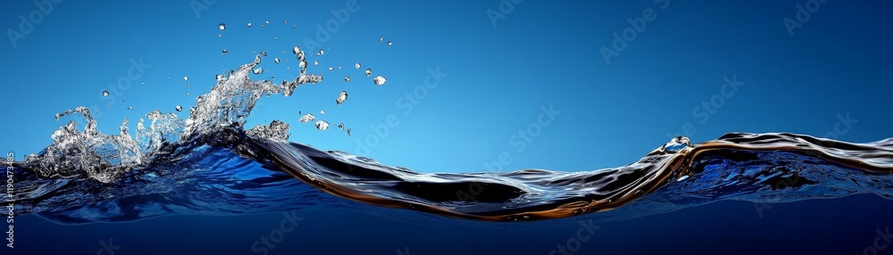Poster water ripple: a pristine wave of crystal clear water breaks and splashes against a deep blue backdro