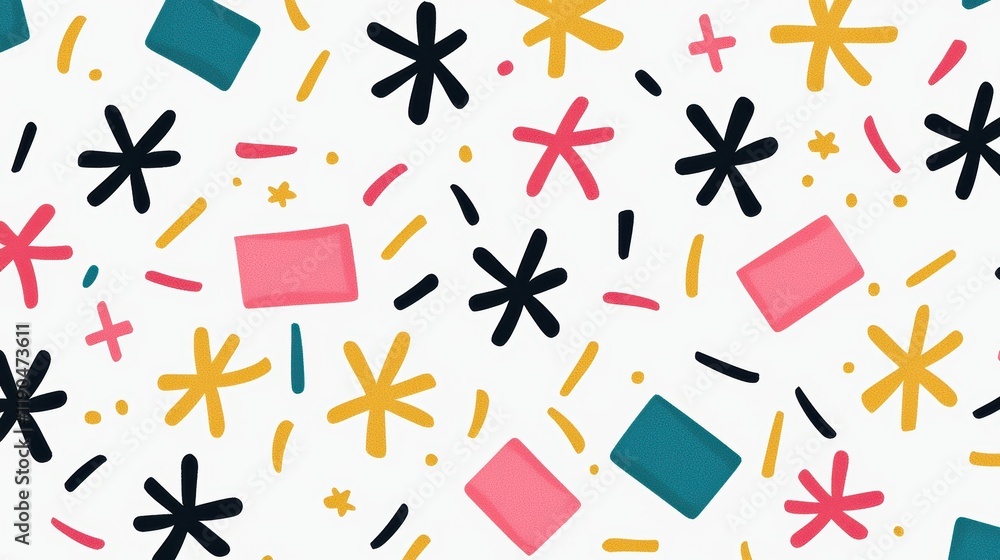 Poster colorful abstract pattern with shapes and doodles on white background