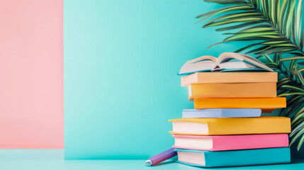 Pastel Book Stack with Tropical Leaf: Summer Reading Scene