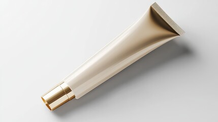 Elegant beige cosmetic tube with gold cap on white background.