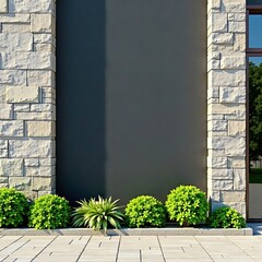Stone clad building, geometric design, green plants, corporate, plant life