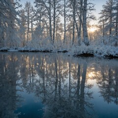 Fototapeta premium A cluster of white trees reflected perfectly in a still frozen lake.
