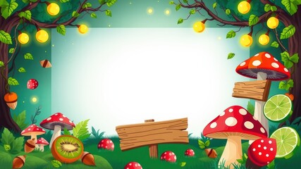 Cartoonish magical forest with red toadstool and glowing lights