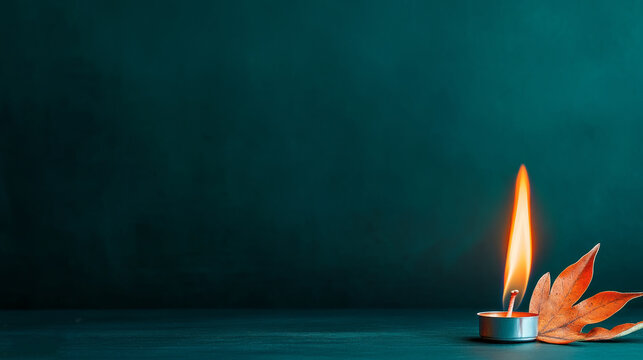 Illuminated Autumn Leaf and Candle - Serene autumn scene, candlelight, single leaf, dark background, quiet reflection. Symbolizes peace, remembrance, transition, hope, and nature.