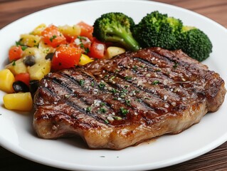 Meat and vegetable dish on white plate