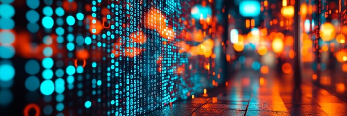 Binary Code Streams Through Cityscape, Technology And Urban Life Abstract Illustration