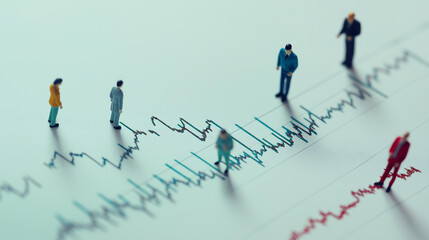 Mini figures of people standing on chart with falling stock prices