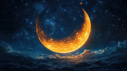 Fototapeta premium Fiery Crescent Moon Above a Sea of Clouds and Stars