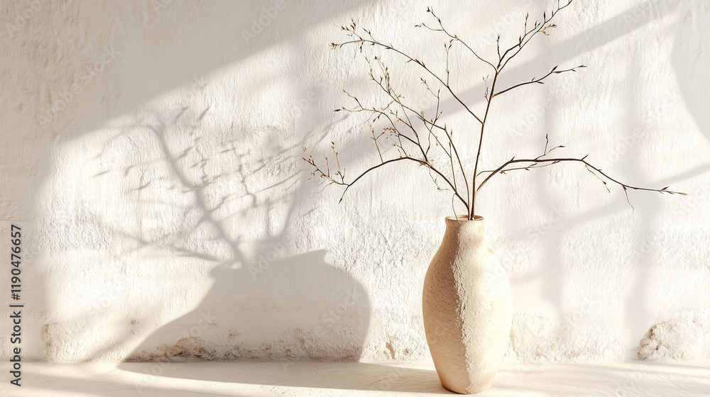Poster old clay vase with branches placed against a white textured wall, illuminated by soft sunlight. mini