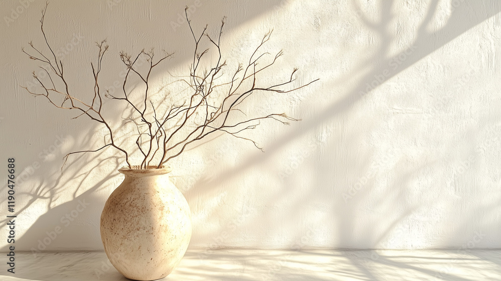 Poster old clay vase with branches placed against a white textured wall, illuminated by soft sunlight. mini