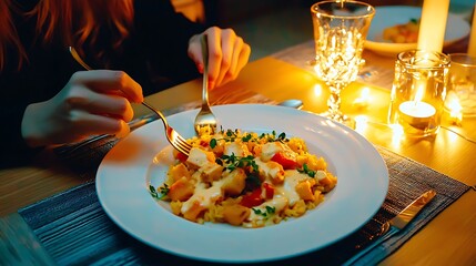 A cozy dinner scene featuring a person enjoying a plate of pasta at a candlelit table