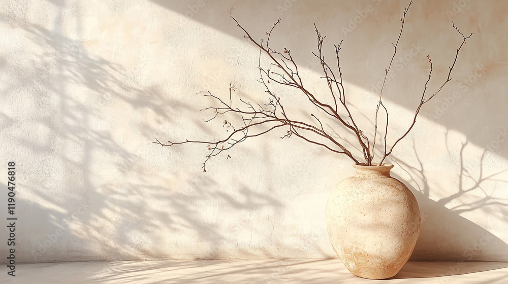 Poster old clay vase with branches placed against a white textured wall, illuminated by soft sunlight. mini
