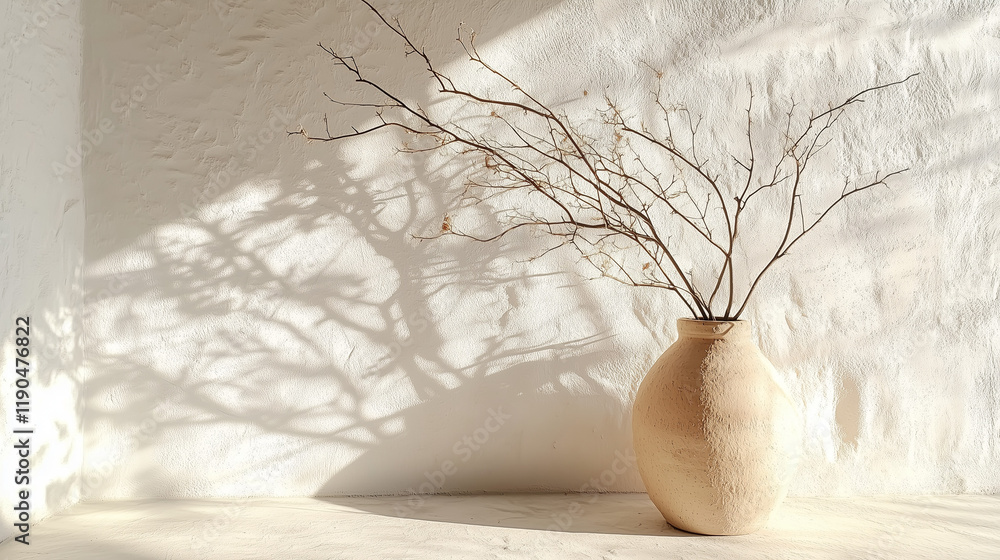 Poster old clay vase with branches placed against a white textured wall, illuminated by soft sunlight. mini