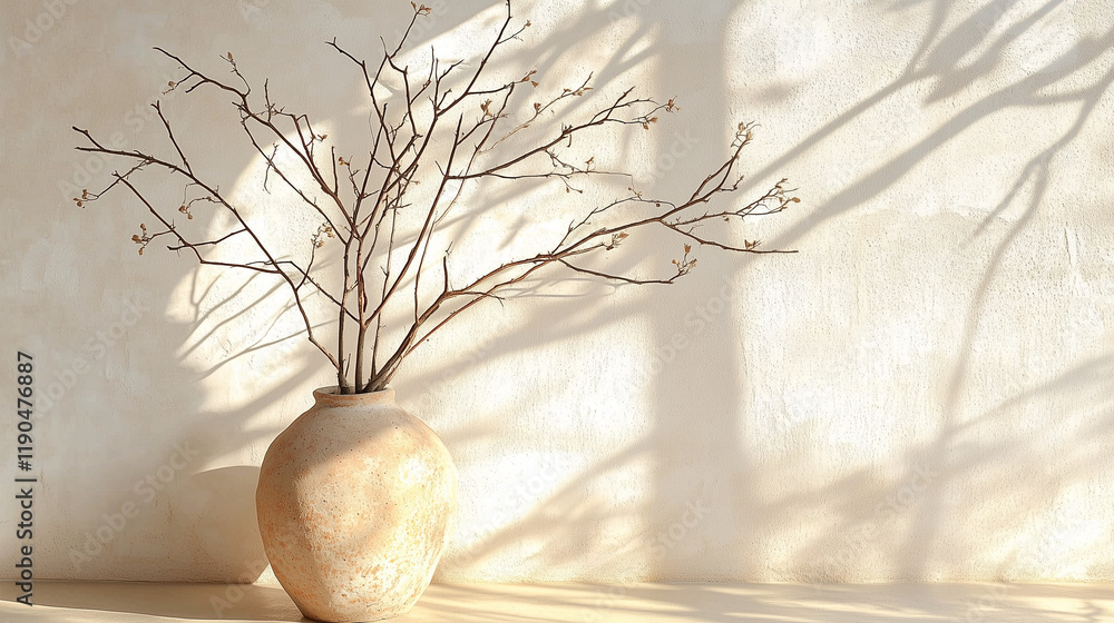 Poster old clay vase with branches placed against a white textured wall, illuminated by soft sunlight. mini