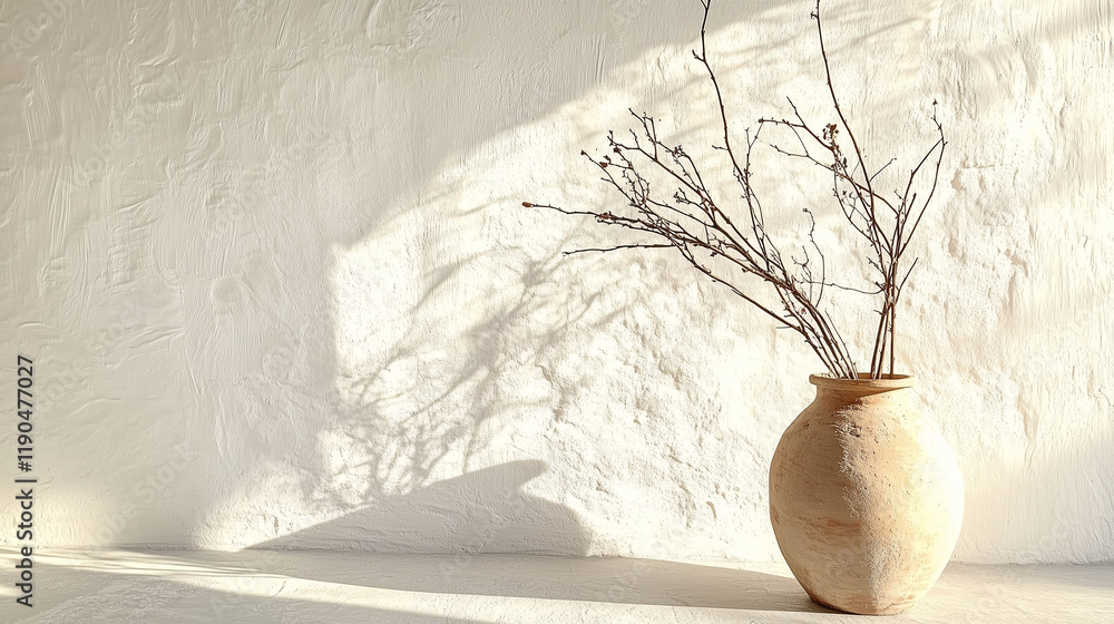 Poster old clay vase with branches placed against a white textured wall, illuminated by soft sunlight. mini